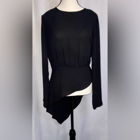 Women’s BCBG asymmetric‎ chic black semi sheer long sleeved blouse size small - Picture 2 of 13